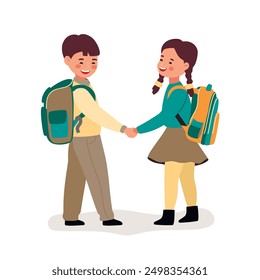 Happy boy and girl with school backpacks.Smiling children stand holding hands and looking back half-turned.School friends chat with each other.Colorful vector design isolated on white background.