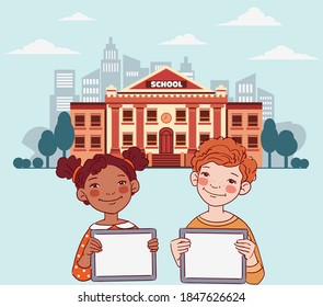 Happy boy and girl showing blank digital tablet screen. Cute kids using tablets. Back to school vector concept