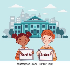 Happy boy and girl showing blank digital tablet screen. Cute kids using tablets. Back to school vector concept