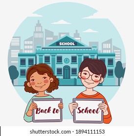 Happy boy and girl showing blank digital tablet screen. Cute kids using tablets. Back to school vector concept