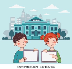 Happy boy and girl showing blank digital tablet screen. Cute kids using tablets. Back to school vector concept