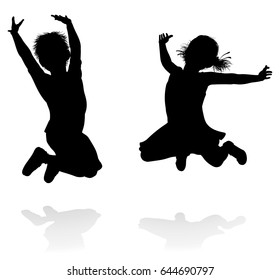 Happy Boy And Girl Silhouette Kids Or Children Jumping