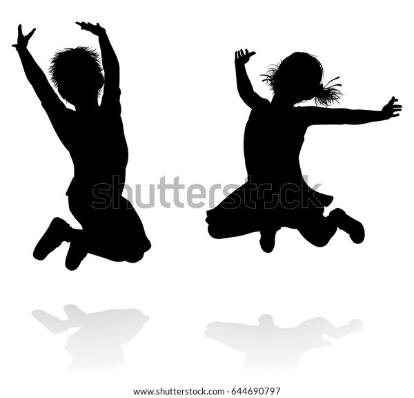 幸せな男の子と女の子のシルエットをした子供や子どものジャンプ のベクター画像素材 ロイヤリティフリー