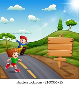 Happy boy and girl skateboarding in the street