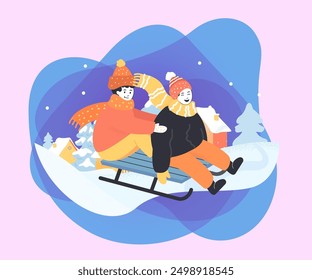 Happy boy and girl sliding down hill on sleds together. Snow falling, children having fun in winter flat vector illustration. Winter activities, childhood concept for banner