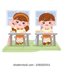 Happy boy and girl studying classroom isolated flat illustration cartoon children characters sitting tables school lesson