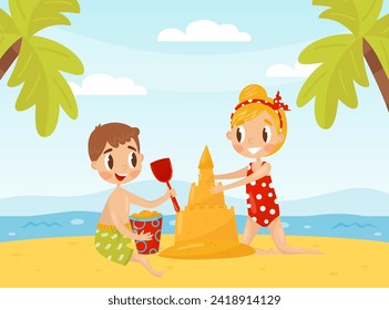 Happy Boy and Girl at Summer Building Sand Castle on Sea Shore Vector Illustration