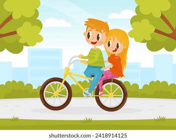 Happy Boy and Girl at Summer Ride Bicycle in the Park Vector Illustration
