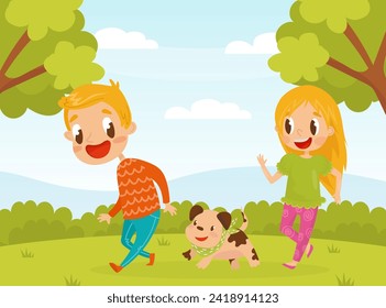 Happy Boy and Girl at Summer Run with Dog in Park Vector Illustration