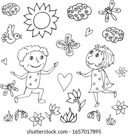 Happy boy and girl with a summer or spring story.Birds, butterflies, dragonflies, hearts, clouds, sun, flowers, snowdrops, doodles, black and white vector illustration .
