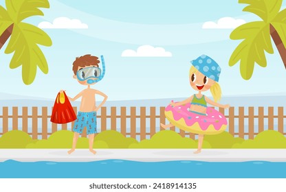 Happy Boy and Girl at Summer Swim in Pool Vector Illustration