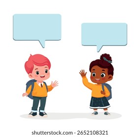 happy boy and girl talking with speech bubbles  cartoon vector illustration