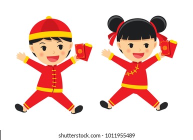 Happy boy and girl in traditional clothes celebrate get chinese red packet.