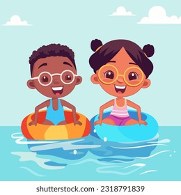 Happy Boy and Girl Wear Goggles and Swimming, Inflatable Ring in Water for Pool Party in Summer Holiday.