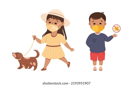 Happy Boy and Girl Wearing Face Mask as New Normal Lifestyle Vector Illustration Set