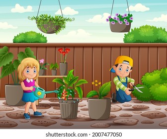 Happy boy and girl working in the garden