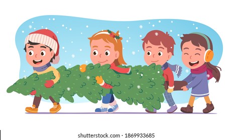 Happy boy, girls kids carrying big fir-tree together. Children persons preparing for Christmas celebration party in December. New Year Day and Xmas winter holiday decoration flat vector illustration