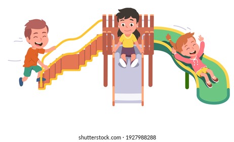 Happy boy, girls kids climbing up ladder, sliding down slide having fun on playground. Excited children enjoying playing outdoors. Childhood active leisure. Flat vector isolated illustration