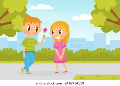 Happy Boy Give Flower to Girl at Summer Vector Illustration