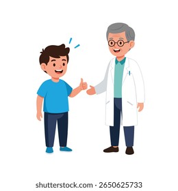 A happy boy gives a thumbs-up to his smiling doctor, who is wearing a white coat.  They appear to be having a positive interaction.