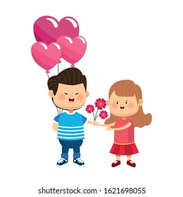 Happy boy giving flowers and heart balloons a girl over white background, colorful design, vector illustration