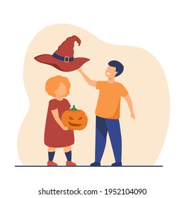 Happy boy giving hat to girl in witch costume. Pumpkin, holiday, festival flat vector illustration. Halloween and celebration concept for banner, website design or landing web page