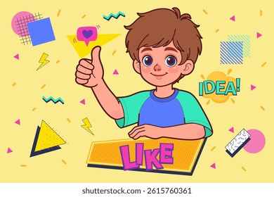 A happy boy giving a thumbs up. Hand drawn style. Vector drawing.