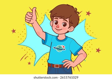 A happy boy giving a thumbs up. Hand drawn style. Vector drawing.