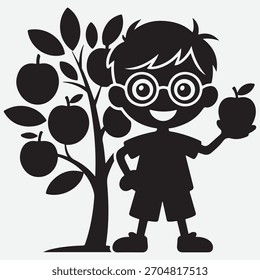 Muchacho feliz con los vidrios y la silueta del árbol de manzana