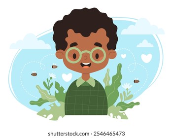 Chico feliz con gafas. Salud mental. Niño afroamericano negro lindo con la Naturaleza. Impacto positivo del medio ambiente. Concepto de salud y ecología infantil. Ilustración vectorial en estilo plano