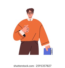 Happy boy in glasses points at you. Young man chooses, indicates on choice with index finger. Joyful student holds book, shows forward with hand gesture. Flat isolated vector illustrations on white