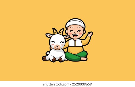 Happy boy with a goat celebrating Eid al Adha