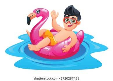Muchacho feliz con las gafas que flotan en un anillo inflable rosado del flamenco en la piscina. Ilustración de personaje de dibujos animados de Vector