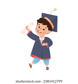 Happy Boy Graduating Wear Blue Gown and Graduation Cap Hold Diploma Vector Illustration