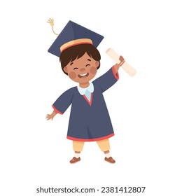 Happy Boy Graduating Wear Blue Gown and Graduation Cap Hold Diploma Vector Illustration