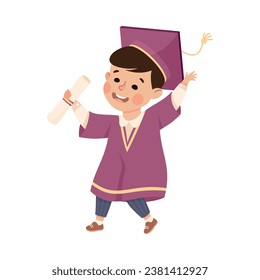 Happy Boy Graduating Wear Purple Gown and Graduation Cap Hold Diploma Vector Illustration