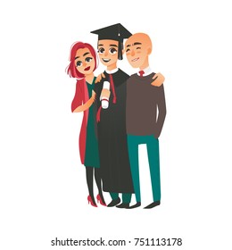 Happy Boy In Graduation Cap And Gown Standing, Hugging With His Proud Parents, Flat Vector Illustration Isolated On White Background. College Graduate Standing, Posing With His Parents, Mom And Dad