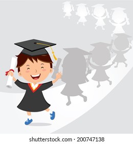 Happy boy graduation march. Vector illustration of a little boy marches during the school graduation ceremony.