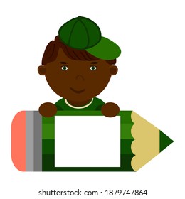 Niño feliz con lápiz verde con marco para texto