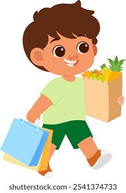 Ilustración de compras de comestibles de niño feliz