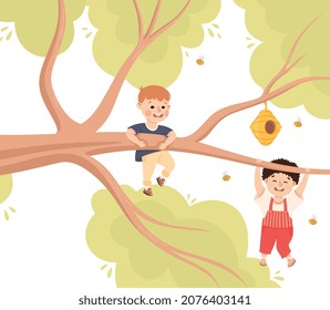 Happy Boy Hanging on Tree Branch Near Beehive Having Fun Enjoying Summer Vector Illustration