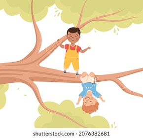 Happy Boy Hanging Upside Down on Tree Branch Having Fun Enjoying Summer Vector Illustration