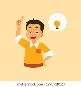 Happy boy has brilliant solution and idea, flat vector illustration isolated on background. Smart talented child got solution and idea how to solve difficult task.