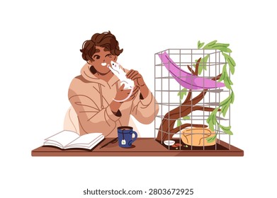 Happy boy has with cute rat. Young man holds mouse in arms. Teen sits at the table with cage, plays and pets funny domestic rodent in his hands. Flat isolated vector illustration on white background