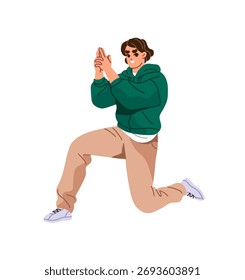 Happy boy has fun, standing in pose on knee with hand gesture like shooting gun. Smiling, joyful young man with sign of bang is playing. Flat isolated vector illustration on white background