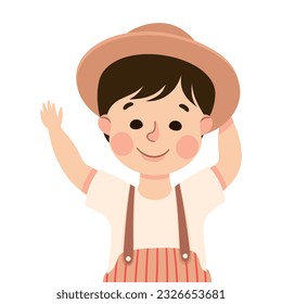 Happy Boy in Hat with Raised Up Hand Smiling Vector Illustration