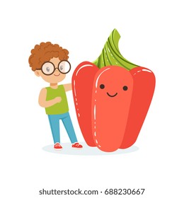 Happy boy having fun with fresh smiling sweet red pepper vegetable, healthy food for kids colorful characters vector Illustration