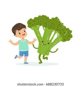 Happy boy having fun with fresh smiling broccoli vegetable, healthy food for kids colorful characters vector Illustration