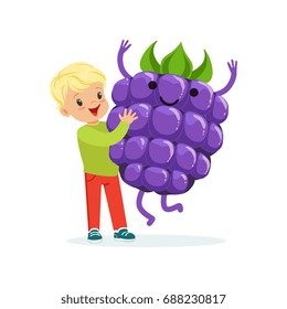 Happy boy having fun with fresh smiling blackberry, healthy food for kids colorful characters vector Illustration