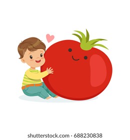 Happy boy having fun with fresh smiling tomato vegetable, healthy food for kids colorful characters vector Illustration